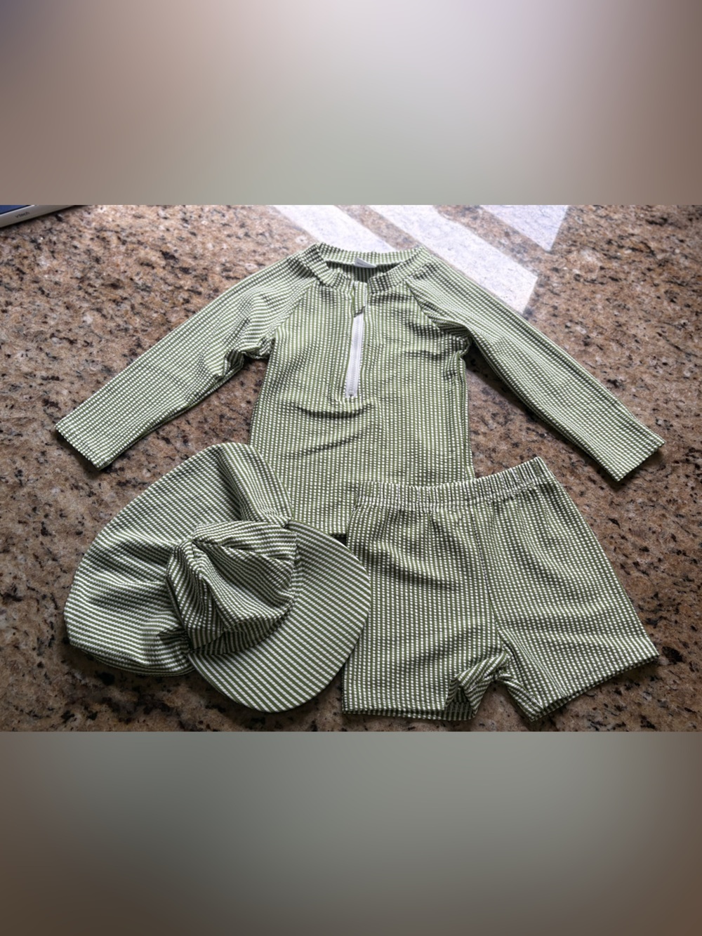 NWOT Green Striped Swim Set - Rash Guard, Shorts, & Hat- Size 12-18 Months